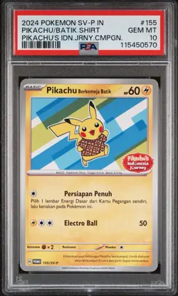 PSA 10 Pikachu Berkemeja Batik 155/SV-P Indonesia Journey Promo Pokemon Card B - Image 1