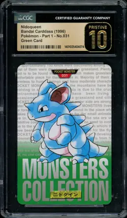 1996 Pokemon Bandai Carddass Vending #31 Nidoqueen Green Card CGC 10 PRISTINE - Image 1