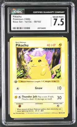 CGC 7.5 Pikachu 1999 Base Set Shadowless 1st Edition 58/102 Pokemon Card - Image 1