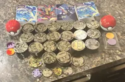HUGE Bulk Lot 210 Pokemon TCG Plastic Coins + Portfolios Binders + Mega Balls - Image 1