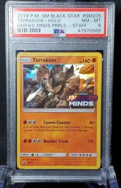 PSA 8 NM-MT Pokemon 2019 Terrakion Holo Unified Minds Staff Prerelease SM205 - Image 1