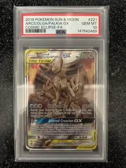 2019 Pokemon Cosmic Eclipse Arceus Dialga Palkia GX Alt Art 221/236 PSA 10 - Image 1