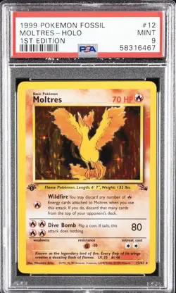 1999 POKEMON FOSSIL 1ST ED #12 MOLTRES-HOLO PSA 9 - Image 1