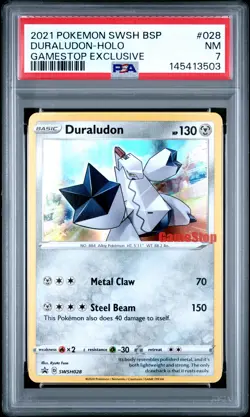 2021 POKEMON SWSH BLACK STAR PROMO GAMESTOP EXCLUSIVE #028 DURALUDON-HOLO PSA 7 - Image 1
