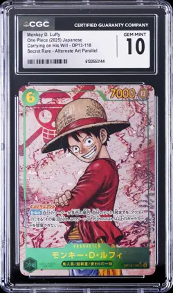 2025 ONE PIECE JPN CARRYING ON HIS WILL ALT ART MONKEY D. LUFFY CGC 10 GEM MINT - Image 1