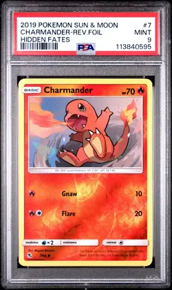 2019 POKEMON SUN & MOON HIDDEN FATES #7 CHARMANDER-REVERSE FOIL PSA 9 - Image 1