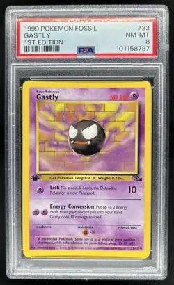 1999 Pokemon Fossil 1st Edition Gastly #33/62 PSA 8 - Image 1