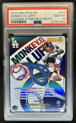 2025 One Piece EN Monkey D. Luffy Dodgers X One Piece Night Rare #010 PSA 10 - Image 1