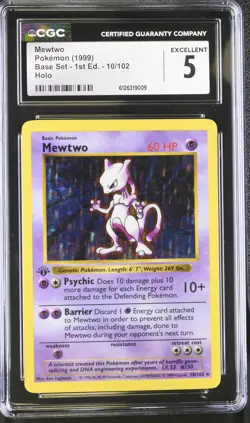CGC 5 Mewtwo 1999 Base Set 1st Edition Shadowless 10/102 Holo Pokemon Card - Image 1