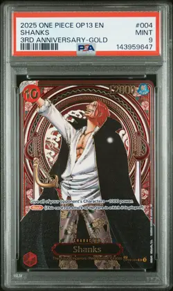 2025 ONE PIECE OP13-CARRYING ON HIS WILL 3RD ANNIVERSARY-GOLD #004 SHANKS PSA 9 - Image 1