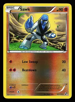 Sawk 62/114 Rare Reverse Holo Black and White Pokemon Card - Image 1