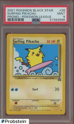 2001 Pokemon Black Star Promo Pokemon League #28 Surfing Pikachu PSA 9 MINT - Image 1