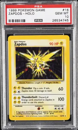 1999 POKEMON BASE SET UNLIMITED #16 ZAPDOS-HOLO PSA 10 - Image 1