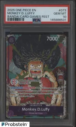 2025 One Piece EN Bandai Card Games Fest #073 Monkey D. Luffy PSA 10 GEM MINT - Image 1