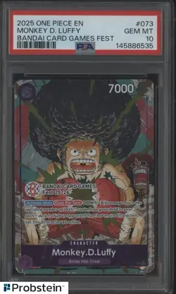 2025 One Piece EN Bandai Card Games Fest #073 Monkey D. Luffy PSA 10 GEM MINT - Image 1
