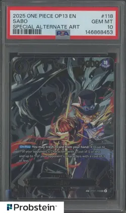 2025 ONE PIECE OP13-CARRYING ON HIS WILL SPECIAL ALTERNATE ART #118 SABO PSA 10 - Image 1