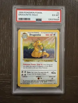 Pokemon TCG Dragonite Fossil Holo Unlimited Rare Card 4/62 1999 PSA EX- MT 6 - Image 1