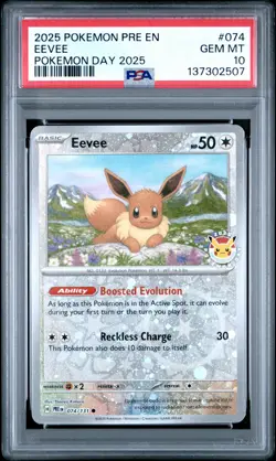 2025 POKEMON PRE EN-PRISMATIC EVOLUTIONS POKEMON DAY 2025 #074 EEVEE PSA 10 - Image 1