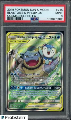 2019 Pokemon Sun & Moon Cosmic Eclipse #215 FA Blastoise & Piplup GX PSA 9 - Image 1
