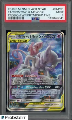 2019 Pokemon SM BSP Power Partnership Tins #SM191 FA Mewtwo & Mew GX PSA 9 - Image 1