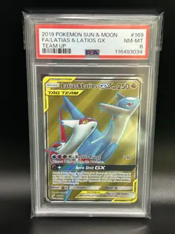 2019 POKEMON SUN & MOON TEAM UP #169 FULL ART/LATIAS & LATIOS GX PSA 8 - Image 1