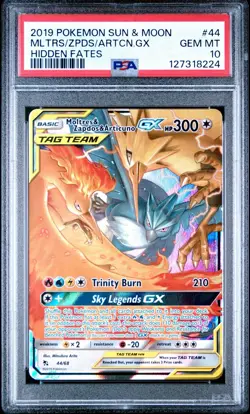 PSA 10 2018 Pokemon Sun & Moon Hidden Fates #44 Moltres & Zapdos & Articuno GX - Image 1