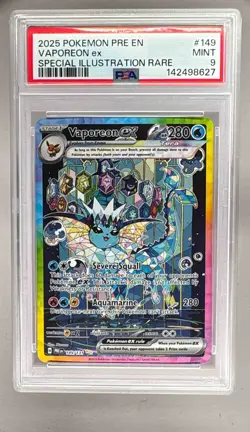 142498627 Vaporeon ex 2025 Pokemon Prismatic Evolutions #149 SIR PSA 9 - Image 1