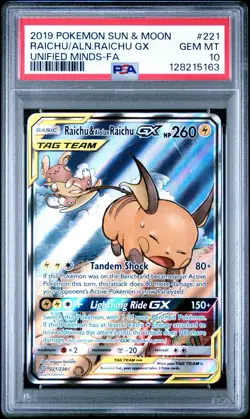 2019 POKEMON S&M UNIFIED MINDS #221 RAICHU/ALN.RAICHU GX UNIFIED MINDS-FA PSA 10 - Image 1