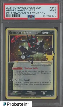 2021 Pokemon SWSH BSP Celebrations ETB #144 Greninja Gold Star PSA 9 - Image 1
