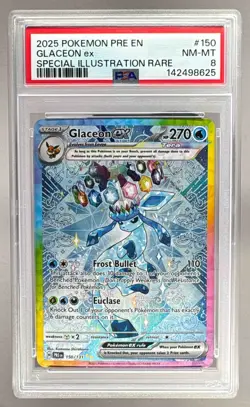 142498625 Glaceon ex 2025 Pokemon Prismatic Evolutions #150 SIR PSA 8 - Image 1
