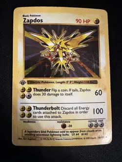 Pokemon TCG Zapdos 1st Edition Base Set Shadowless Holo Rare 16/102 1999 - Image 1