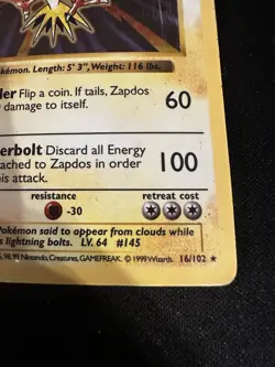 Pokemon TCG Zapdos 1st Edition Base Set Shadowless Holo Rare 16/102 1999 - Image 5