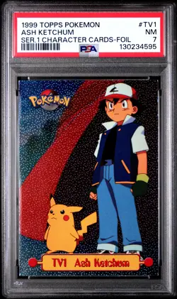 1999 TOPPS POKEMON SER 1 CHARACTER CARDS FOIL #TV1 ASH KETCHUM PSA 7 - Image 1