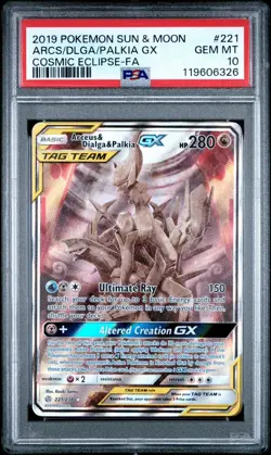 2019 Pokemon S&M Cosmic Eclipse Arceus Dialga Palkia GX 221/236 Full Art PSA 10 - Image 1