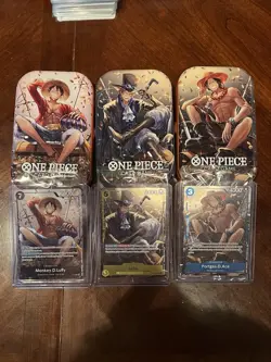 One Piece CCG Tin Promo Cards Set Luffy, Ace, And Sabo With Opened Tins - Image 1