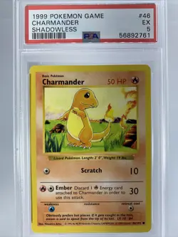 Shadowless Charmander # 46/102 Base Set Pokemon Trading Game TCG Cards PSA 5 EX - Image 1