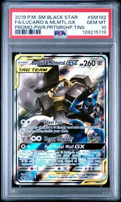 2019 POKEMON SM BSP #SM192 FA/LUCARIO & MLMTL.GX PROMO-PWR.PRTNRSHP.TINS PSA 10 - Image 1
