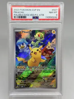2023 Pokemon SV Paldea Evolved Pokemon Center ETB Full Art Pikachu #27 PSA 8 - Image 1