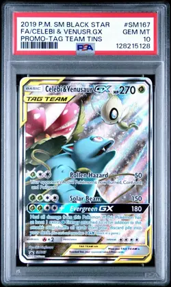 2019 POKEMON SM BSP #SM167 FA/CELEBI & VENUSR.GX PROMO-TAG TEAM TINS PSA 10 - Image 1