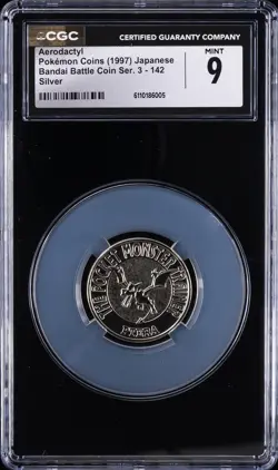 1997 POKEMON COINS JPN BANDAI BATTLE COIN SER. 3 - SILVER #142 AERODACTYL CGC 9 - Image 1