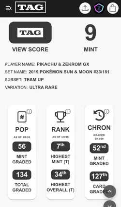 TAG 9 Pikachu & Zekrom GX 33/181 Tag Team Pokemon Sun & Moon Team Up MINT - Image 3