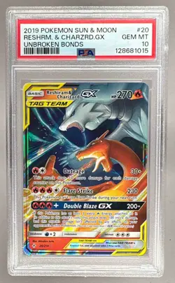 1015 Reshiram & Charizard GX 2019 Pokemon Sun Moon Unbroken Bonds #20 PSA 10 - Image 1