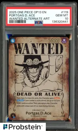 #2 2025 One Piece EN OP13 Wanted Alternate Art #119 Portgas D Ace PSA 10 - Image 1
