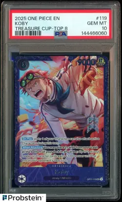 2025 ONE PIECE #119 KOBY TREASURE CUP TOP 8 PRIZE CARD PSA 10 GEM MINT - Image 1