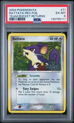2004 POKEMON EX TEAM ROCKET RETURNS #71 RATTATA-REVERSE FOIL PSA 6 - Image 1