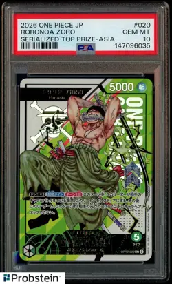 2026 One Piece JPN Serialized Top Prize Asia #020 Roronoa Zoro PSA 10 GEM MINT - Image 1