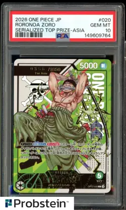 2026 One Piece Japanese Serialized Top Prize Asia #020 Roronoa Zoro /1850 PSA 10 - Image 1