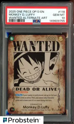 2025 One Piece OP13 EN Wanted Alternate Art #118 Monkey D Luffy PSA 10 - Image 1