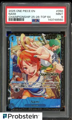 2025 One Piece EN Championship 25-26 Top 64 #050 Nami PSA 9 MINT - Image 1