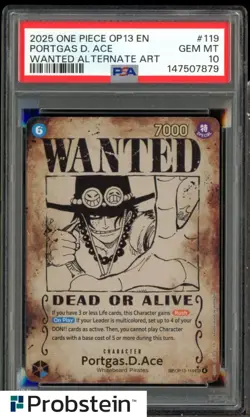 #1 2025 One Piece EN OP13 Wanted Alternate Art #119 Portgas D Ace PSA 10 - Image 1